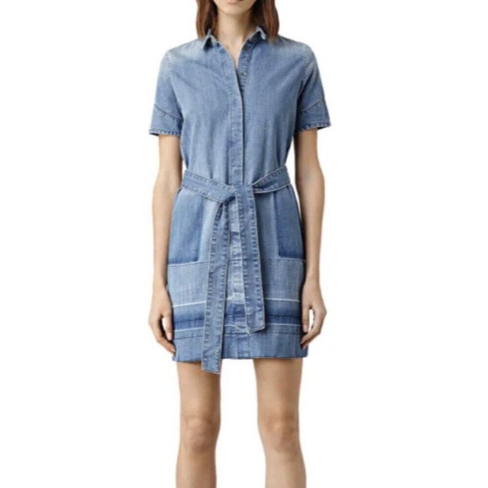 All Saints Sz 2 Dress Blue Denim Mini Short Sleeve Preppy Classic Western Preppy